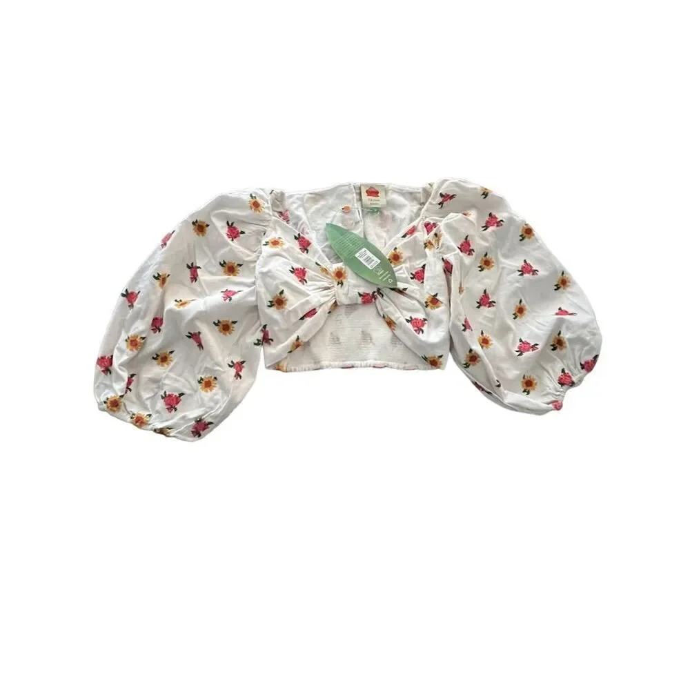 Farm Rio Women's Floral Puff Sleeve Crop Top Multicolor Size: Multiple